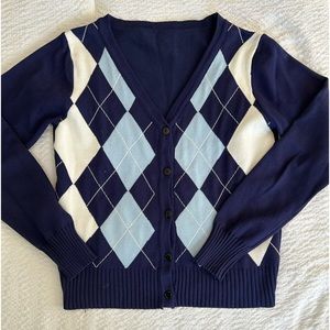 navy blue argyle cardigan